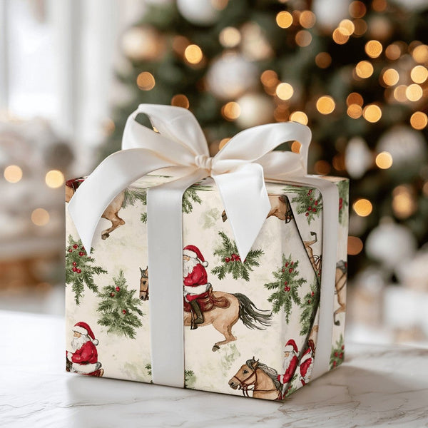 Horse Riding Santa Claus Gift Wrap, Equestrian Santa Wrapping Paper, Country Western Holiday Paper, Rustic Christmas Wrapping