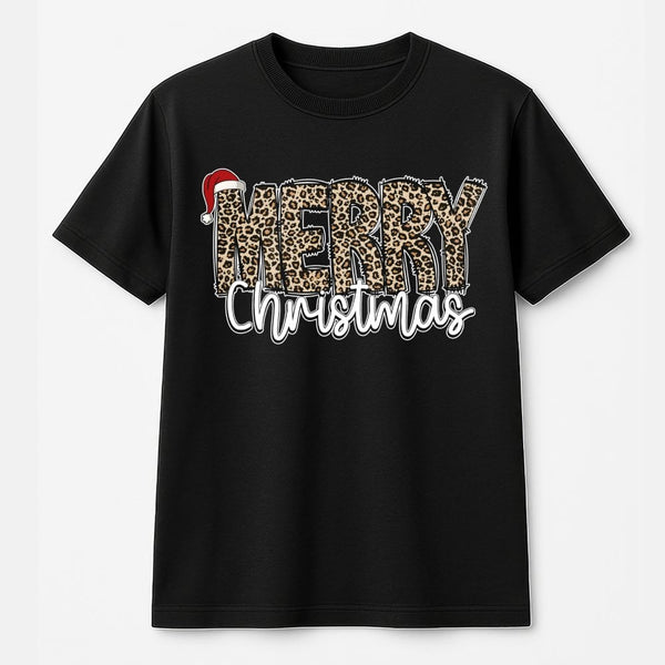 Santa Hat Holiday Graphic T-Shirt, Leopard Print Merry Christmas T-Shirt, Adorable Cheetah Winter Tee, Festive Xmas Graphic T