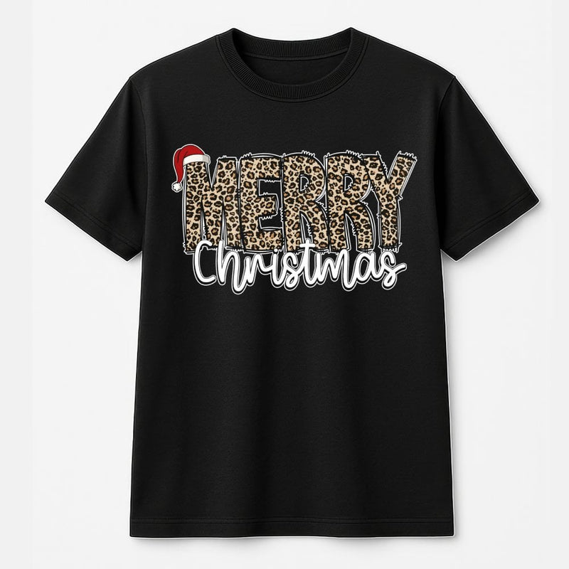 Santa Hat Holiday Graphic T-Shirt, Leopard Print Merry Christmas T-Shirt, Adorable Cheetah Winter Tee, Festive Xmas Graphic T-Shirt