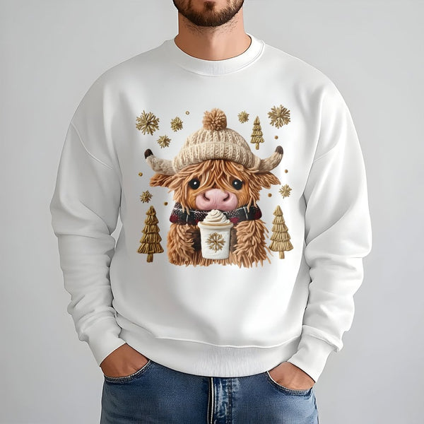Winter Cow Coffee Sweatshirt, Highland Cow Christmas Sweatshirt, Festive Animal Holiday Sweatshirt, Xmas Cow Lover Crewneck, 