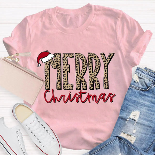Cheetah Holiday Graphic Tee, Leopard Print Merry Christmas Teacher Shirt, Festive Animal Print Teacher Shirt, Teacher Xmas Pr