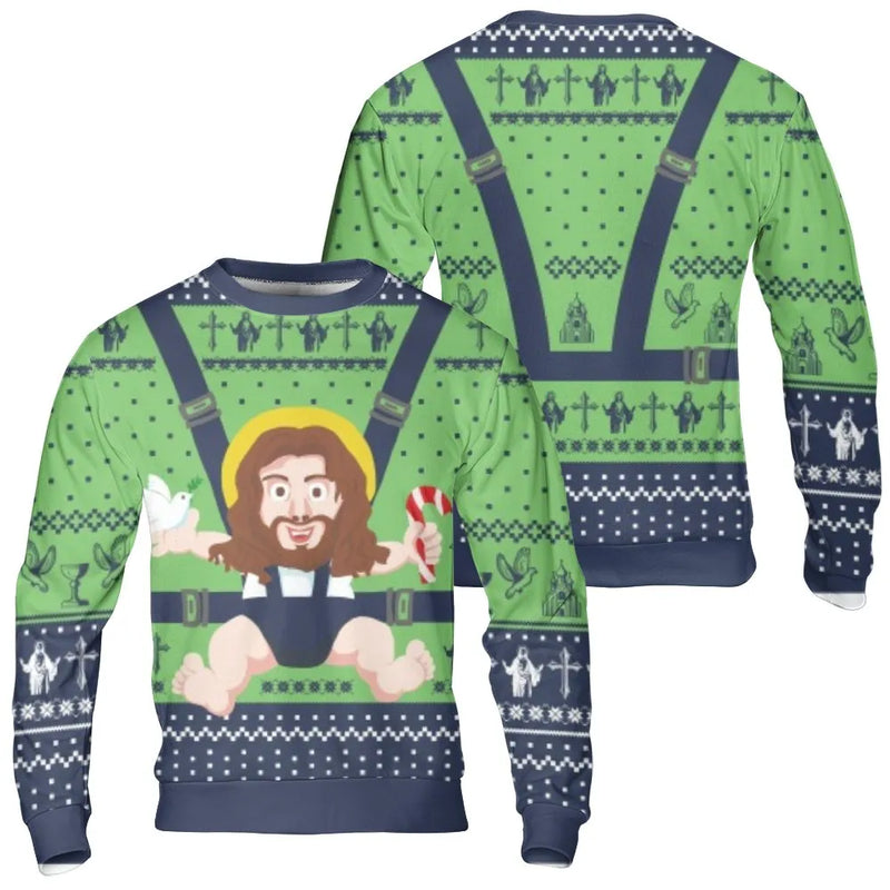 Humorous Religious Holiday Sweater, Baby Jesus Ugly Christmas Sweatshirt, Christian Xmas Graphic Sweatshirt, Festive Holiday Fan Sweatshirt