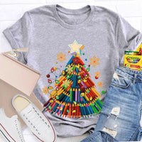 Crayon Christmas Tree Shirt, Art Teacher Christmas T-Shirt, Colorful Art Educator Holiday Graphic Tee, Snowflakes Lights Teacher Present