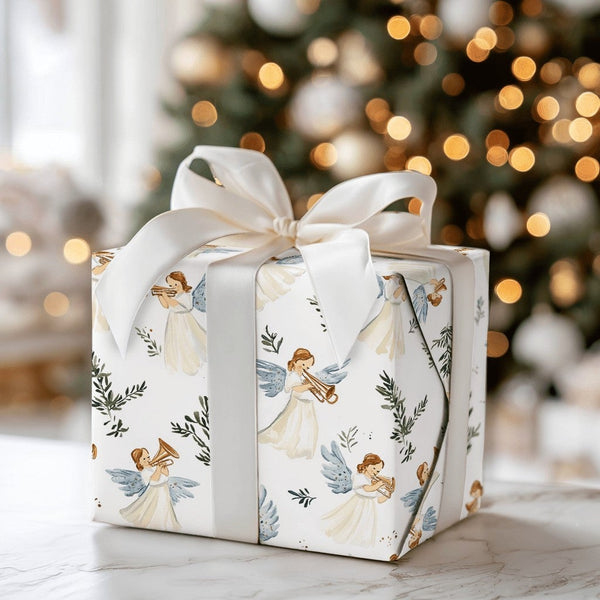 Celestial Horn Playing Angels Gift Wrap, Watercolor Angel Christmas Wrapping Paper, Religious Holiday Present Paper, Angelic 