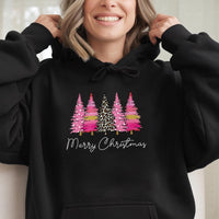 Pink Leopard Tree Hoodie, Merry Christmas Tree Hoodie, Trendy Preppy Holiday Pullover, Comfy Christmas Tree Hooded Sweatshirt, Xmas Present