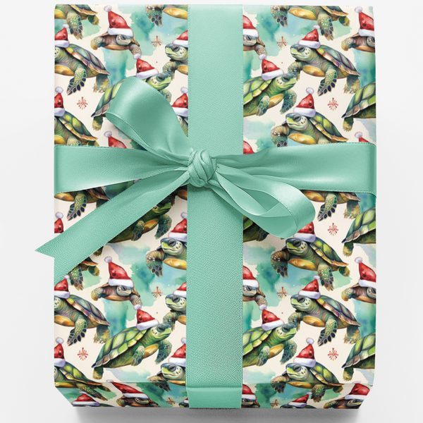 Christmas Sea Life Gift Wrap Roll, Watercolor Sea Turtle Wrapping Paper, Ocean Lover Gift Wrapping Paper, Coastal Holiday Pre