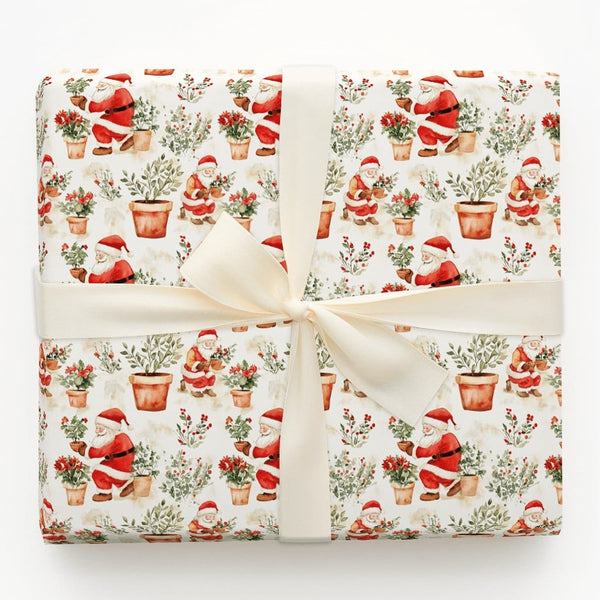 Watercolor Plant Christmas Gift Wrap, Gardening Santa Wrapping Paper, Poinsettia Holiday Present Wrap, Plant Lover Xmas Gift 