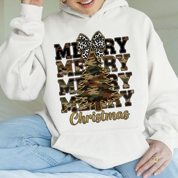 Leopard Bow Holiday Sweatshirt, Camo Christmas Tree Hoodie, Country Xmas Graphic Pullover, Merry Festive Hooded Sweater, Wint