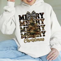 Leopard Bow Holiday Sweatshirt, Camo Christmas Tree Hoodie, Country Xmas Graphic Pullover, Merry Festive Hooded Sweater, Winter Holiday Present