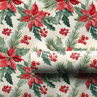 Christmas Pine Botanical Gift Wrap, Watercolor Poinsettia Wrapping Paper, Red Holly Berry Wrapping Paper, Traditional Holiday Wrapping Paper