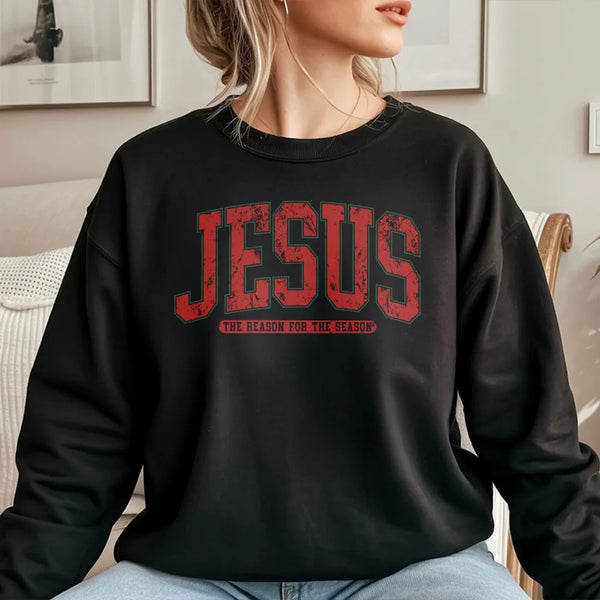 Christian Christmas Crewneck, Jesus Is the Reason for the Season Sweatshirt, Distressed Varsity Holiday Sweater, Faith Winter