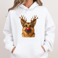 Reindeer Antlers Dog Red Nose Sweatshirt, German Shepherd Christmas Hoodie, Humorous Holiday GSD Pullover, Adorable Shepherd Dog Lover Hoodie
