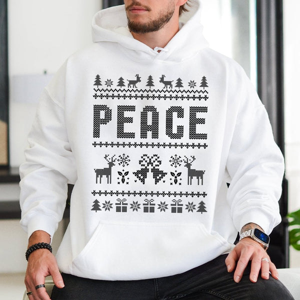 Nordic Reindeer Holiday Hooded Sweatshirt, Peace Ugly Christmas Hoodie, Retro Xmas Graphic Hoodie, Festive Family Matching Pu