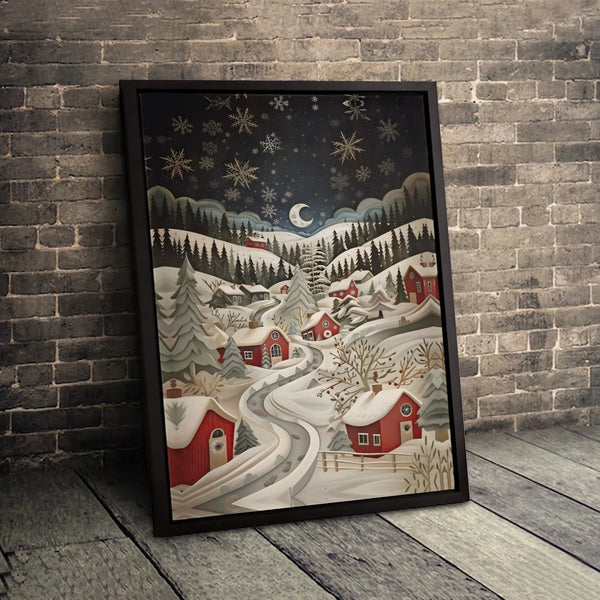 Snowy Night Red House Canvas Print, Winter Village Canvas Wall Art, Christmas Landscape Canvas, Comfy Holiday Wall Decor, Win