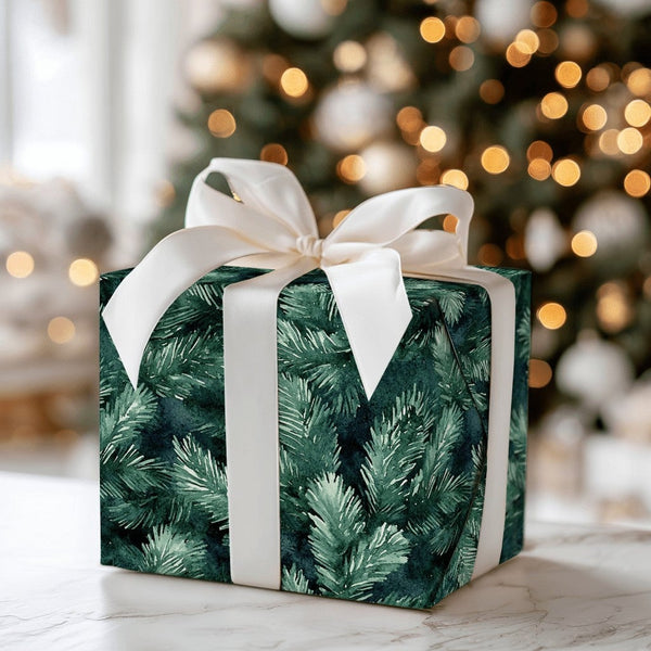 Evergreen Branch Gift Wrap, Watercolor Pine Needles Christmas Wrapping Paper, Rustic Botanical Wrapping Paper Roll, Holiday P