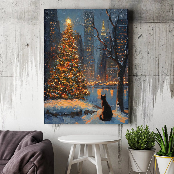 NYC Winter Snow Canvas Print, Black Cat Christmas Canvas Art, Impressionist Holiday Canvas Wall Art, Snowy City Wall Decor, C