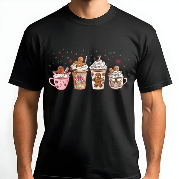 Adorable Holiday Hot Cocoa Graphic Tee, Gingerbread Coffee Christmas T-Shirt, Festive Gingerbread Baker Shirt, Winter Season 