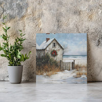 Snowy Beach House Oil Painting Canvas, Coastal Christmas Cottage Square Canvas, Coastal Christmas Wall Art, Holiday Beach Home Decor Present