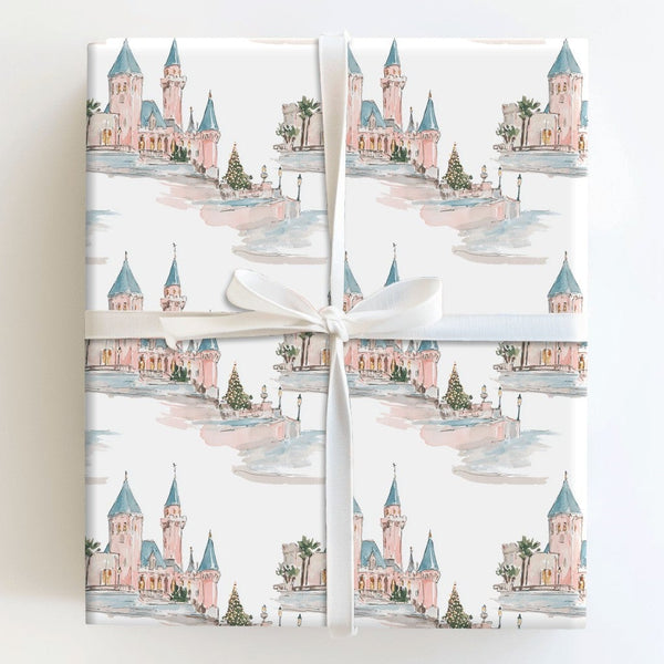 Watercolor Princess Castle Gift Wrap, Fairytale Castle Christmas Wrapping Paper, Magical Pink Castle Wrapping Paper, Holiday 