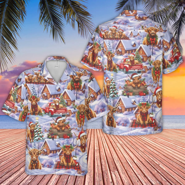 Snowy Winter Scene Shirt, Christmas Highland Cow Hawaiian Shirt, Rustic Farm Animal Aloha Shirt, Festive Holiday Beach Button