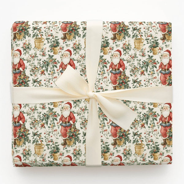 Botanical Holly Berry Santa Gift Wrap, Vintage Santa Wrapping Paper, Nostalgic Christmas Wrapping Paper, Traditional Holiday 