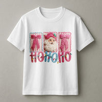 Faux Yarn Stitched Santa Shirt, Pink Santa Claus T-Shirt, Festive Ho Ho Ho Graphic Tee, Retro Pink Christmas Tee, Holiday Present for Women