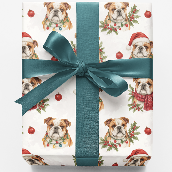 Festive Bulldog Gift Wrap, Bulldog Christmas Wrapping Paper, Holiday Dog Wrapping Paper Roll, Dog Lover Xmas Wrapping Paper, 