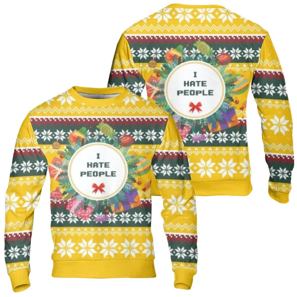 Ugly Christmas Wreath Sweatshirt, I Hate People Sweatshirt, Humorous Introvert Holiday Sweatshirt, Sarcastic Xmas Pullover, H