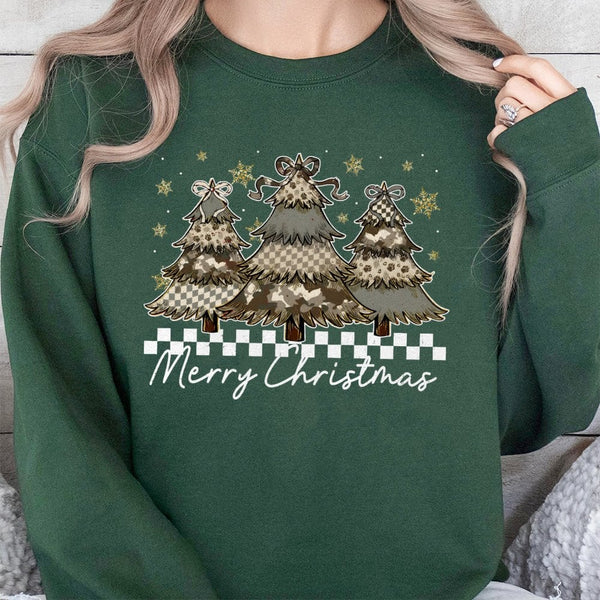 Camo Coquette Bow Holiday Sweater, Merry Christmas Tree Sweatshirt, Preppy Winter Xmas Crewneck, Adorable Southern Camouflage