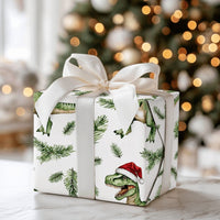 Christmas Dinosaur Wrapping Paper, Santa Hat T-Rex Wrapping Paper, Watercolor Dino Gift Wrap, Adorable Dinosaur Holiday Present Wrapping Paper
