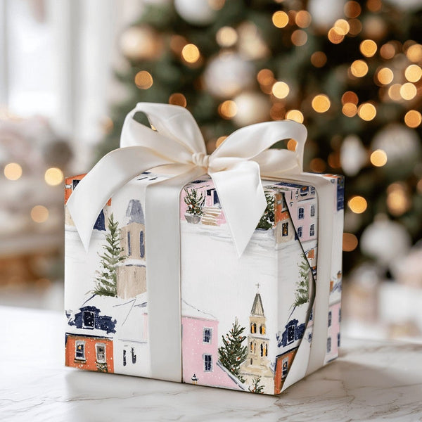 Church Steeple Town Gift Wrap, Snowy Christmas Village Wrapping Paper, Watercolor Holiday Wrapping Paper, Festive Winter Wrap