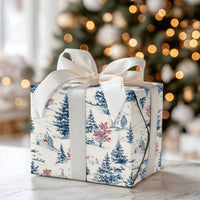 Snowy Village Christmas Gift Wrap, Winter Toile Wrapping Paper, French Country Toile Wrapping Paper, Elegant Blue Cream Holiday Gift Wrap