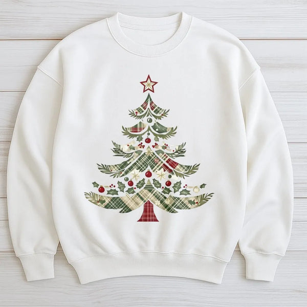 Comfy Holiday Graphic Crewneck, Plaid Christmas Tree Sweatshirt, Rustic Plaid Tree Sweater, Adorable Winter Xmas Pullover, Fe