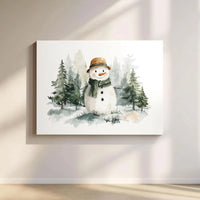Winter Forest Canvas Print, Watercolor Snowman Canvas Wall Art, Snowy Pine Tree Canvas, Rustic Holiday Wall Decor, Christmas Home Present