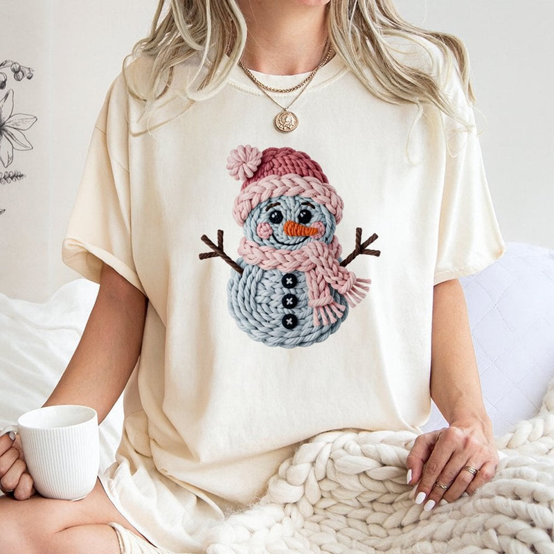 Adorable Winter Snowman T-Shirt, Knitted Snowman Christmas Shirt, Faux Knit Holiday Graphic Tee, Comfy Xmas Present Shirt for Women