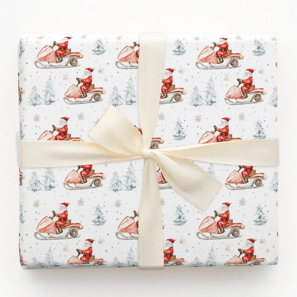 Whimsical Holiday Gift Wrap Paper, Santa Snowmobile Christmas Wrapping Paper, Watercolor Winter Wrapping Paper, Festive Xmas 