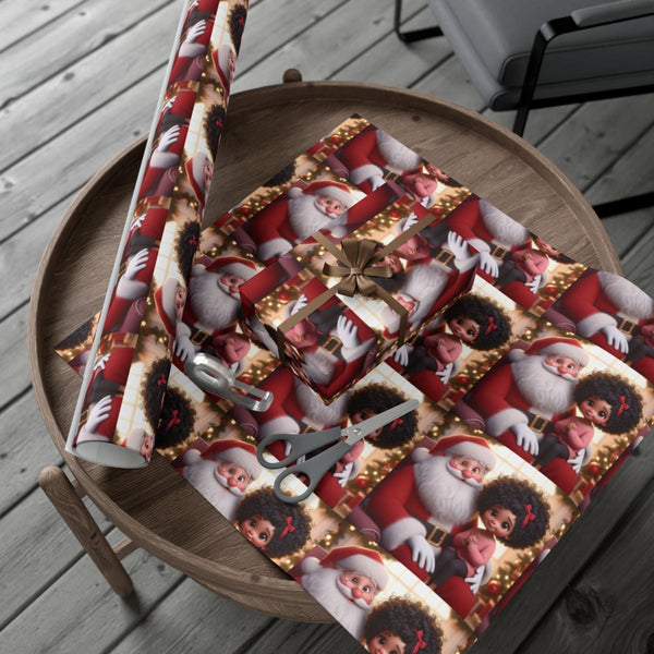Black Santa Claus Holiday Gift Wrap Roll, African American Girl Santa Wrapping Paper, Festive Christmas Wrapping Paper, Xmas 