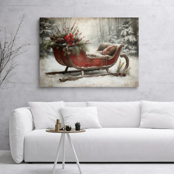 Snowy Winter Forest Canvas Print, Vintage Christmas Sleigh Canvas Art, Holiday Landscape Canvas Decor, Rustic Seasonal Wall P