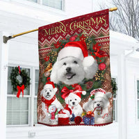 Adorable Holiday Dog Yard Flag, Bichon Frise Christmas Garden Flag, Double Sided Winter Lawn Banner
