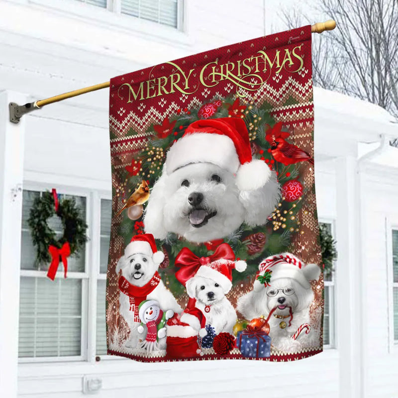 Adorable Holiday Dog Yard Flag, Bichon Frise Christmas Garden Flag, Double Sided Winter Lawn Banner