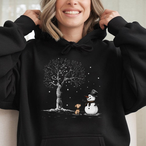 Adorable Winter Dog Hooded Sweatshirt, Snowman and Puppy Hoodie, Festive Christmas Hoodie, Winter Animal Graphic Pullover, Do