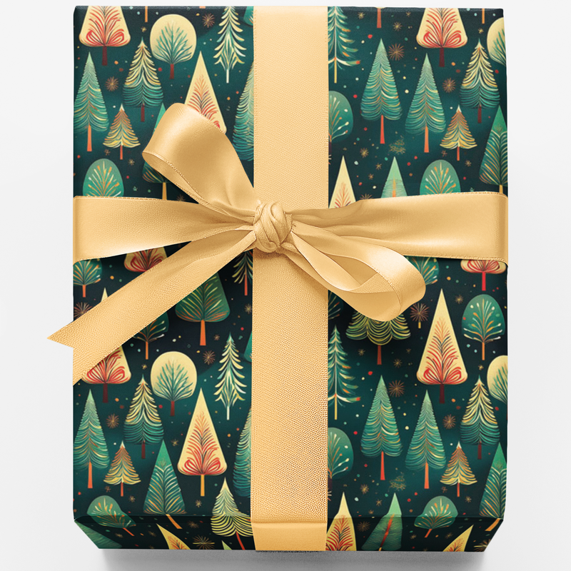 Winter Pine Forest Gift Wrap Roll, Geometric Christmas Wrapping Paper, Modern Evergreen Holiday Gift Wrap, Teal Gold Festive Wrapping Paper