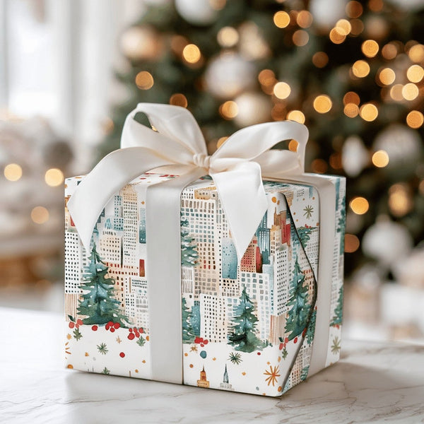 Watercolor NYC Urban Gift Wrap, Christmas City Skyline Wrapping Paper, Winter Pine Tree Present Wrap, Festive Holiday Packagi