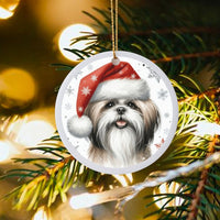 Santa Hat Dog Ornament, Shih Tzu Christmas Ornament, Festive Puppy Ceramic Ornament, Xmas Tree Hanging Decor, Holiday Present for Dog Lovers