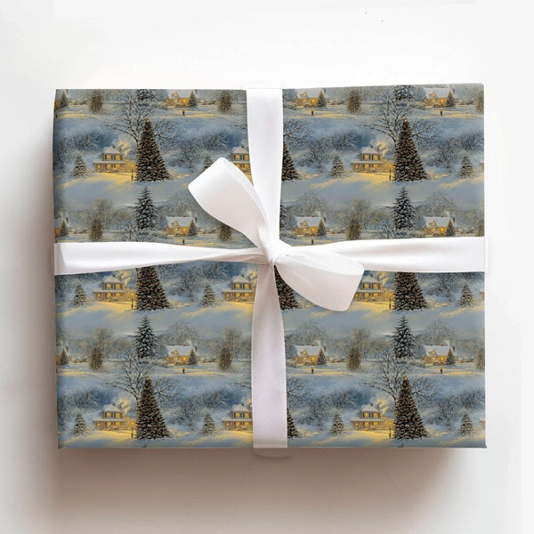 Snowy Landscape Christmas Gift Wrap, Winter Cottage Wrapping Paper, Comfy Cabin Holiday Wrapping Paper, Traditional Noel Wrap
