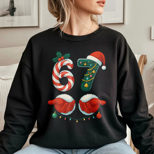 Candy Cane Pine Holiday Sweatshirt, 67 Christmas Sweatshirt, Humorous Meme Christmas Crewneck, Winter Xmas 67 Graphic Sweatsh