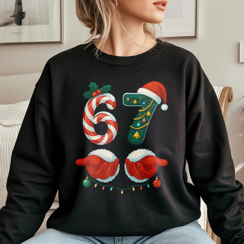 Candy Cane Pine Holiday Sweatshirt, 67 Christmas Sweatshirt, Humorous Meme Christmas Crewneck, Winter Xmas 67 Graphic Sweatshirt for Fans