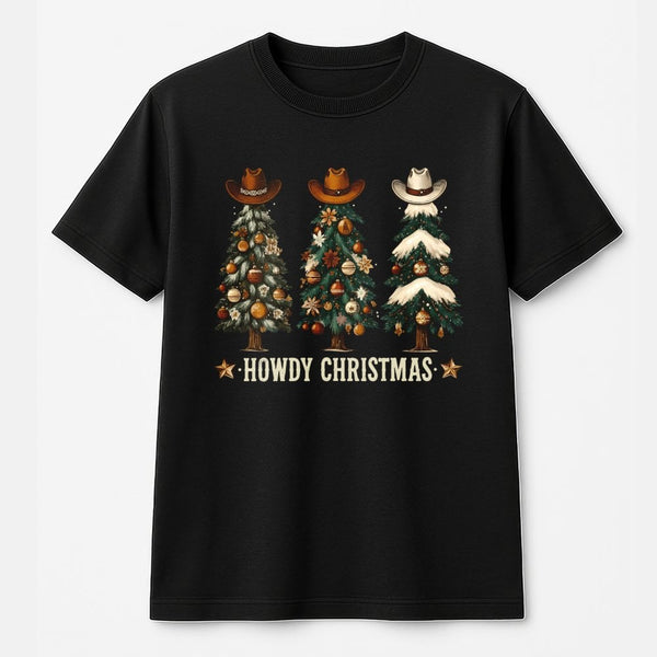 Western Cowboy Hat Christmas Shirt, Howdy Christmas T-Shirt, Country Xmas Tree Graphic Tee, Retro Western Christmas T-Shirt, 