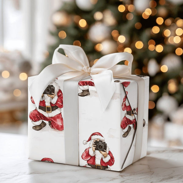Watercolor Photographer Gift Wrap, Vintage Camera Santa Wrapping Paper, Whimsical Christmas Wrapping Paper, Festive Holiday G