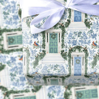 Holiday Front Door Gift Wrap, Blue Toile Christmas Wrapping Paper, Winter Wreath Festive Wrapping Paper, Elegant Xmas Gift Wrapping Paper